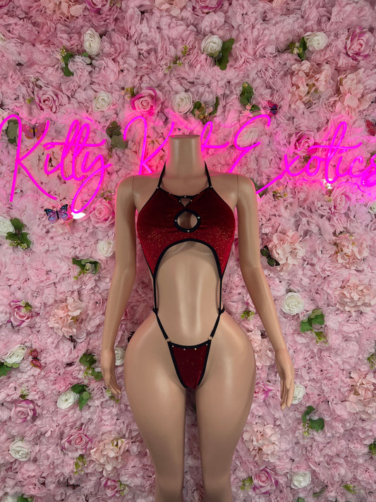 Slingshot Bodysuit Red Velvet  Sexy Outfit for Parties, Clubwear, or Festivals | Trendy and Eye-Catching Fashion Exotic Dancewear