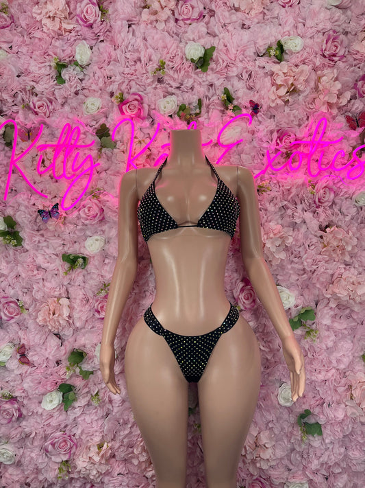 Two-Piece Black Rhinestone Bikini  Cute Swimsuit Set for Beach, Pool, or Vacation | Exotic Dancewear Festival wear