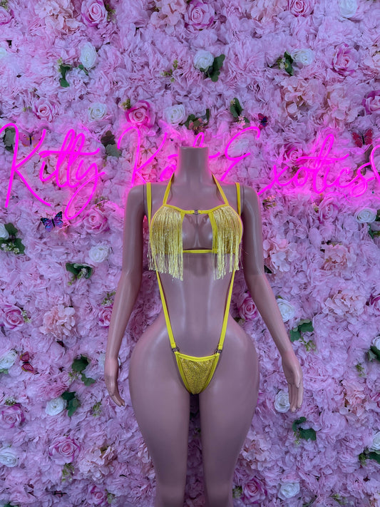 Slingshot Bodysuit Yellow Fringe Sexy Outfit for Parties, Clubwear, or Festivals | Trendy and Eye-Catching Fashion Exotic Dancewear