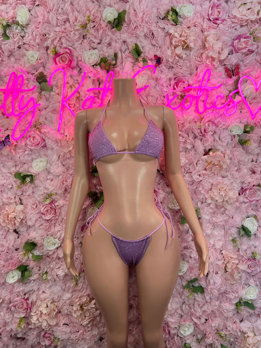 Two-Piece Lilac Rhinestone Bikini  Cute Swimsuit Set for Beach, Pool, or Vacation | Exotic Dancewear Festival wear