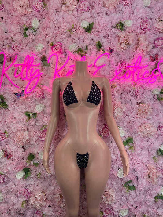 Two-Piece Black Rhinestone Gstring  Bikini  Cute Swimsuit Set for Beach, Pool, or Vacation | Exotic Dancewear Festival wear