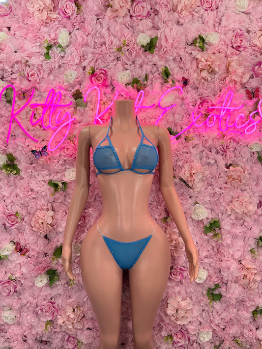 Two-Piece Blue Mesh Bikini  Cute Swimsuit Set for Beach, Pool, or Vacation | Exotic Dancewear Festival wear