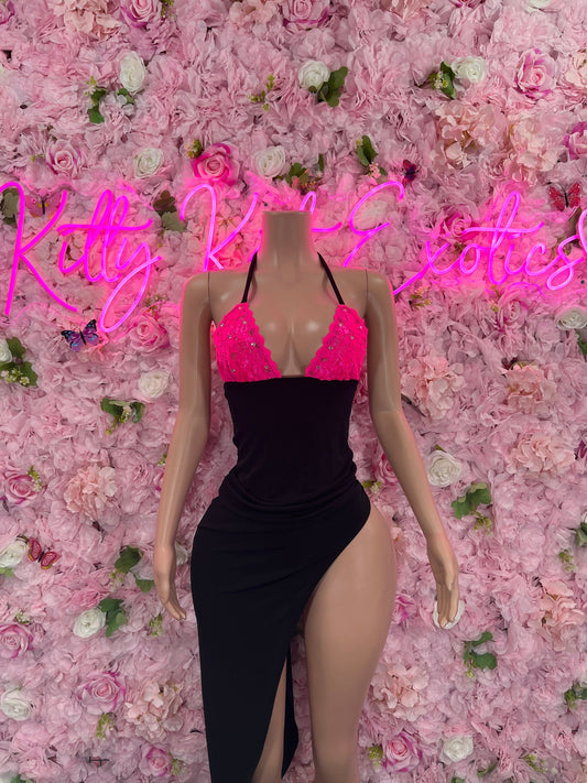 Bridal Black/Pink  Gown Exotic Dancewear   Elegant and Sexy Evening Dress for Performers, Events, or Special Occasions