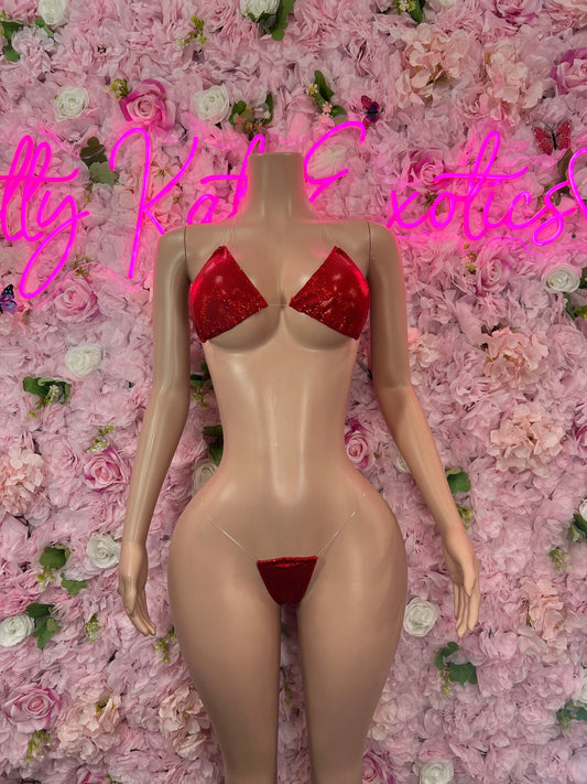 Two-Piece Red Metallic Bikini  Cute Swimsuit Set for Beach, Pool, or Vacation | Exotic Dancewear Festival wear