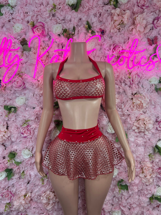 Valentines Day Two Piece Skirt Set Red Fishnet