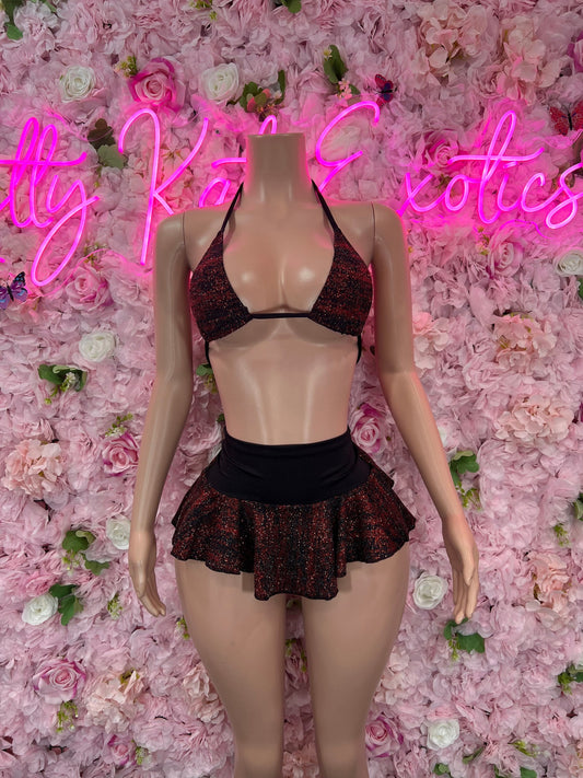 Two Piece Skirt Set Burgundy Glitter