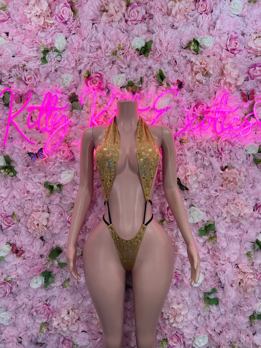 Exotic DancewearSlingshot Bodysuit Gold  Sexy Outfit for Parties, Clubwear, or Festivals | Trendy and Eye-Catching Fashion Exotic Dancewear