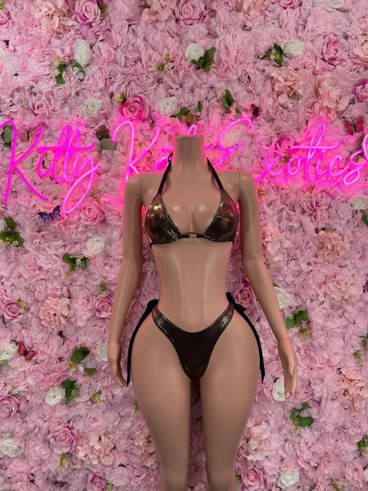 Two-Piece Gold Metallic Bikini  Cute Swimsuit Set for Beach, Pool, or Vacation | Exotic Dancewear Festival wear