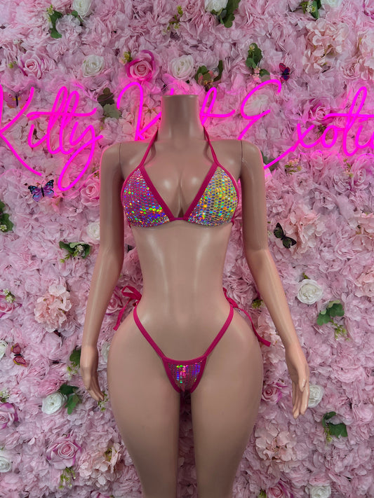 Two-Piece Pink Hologram Bikini  Cute Swimsuit Set for Beach, Pool, or Vacation | Stylish and Flattering Swimwear