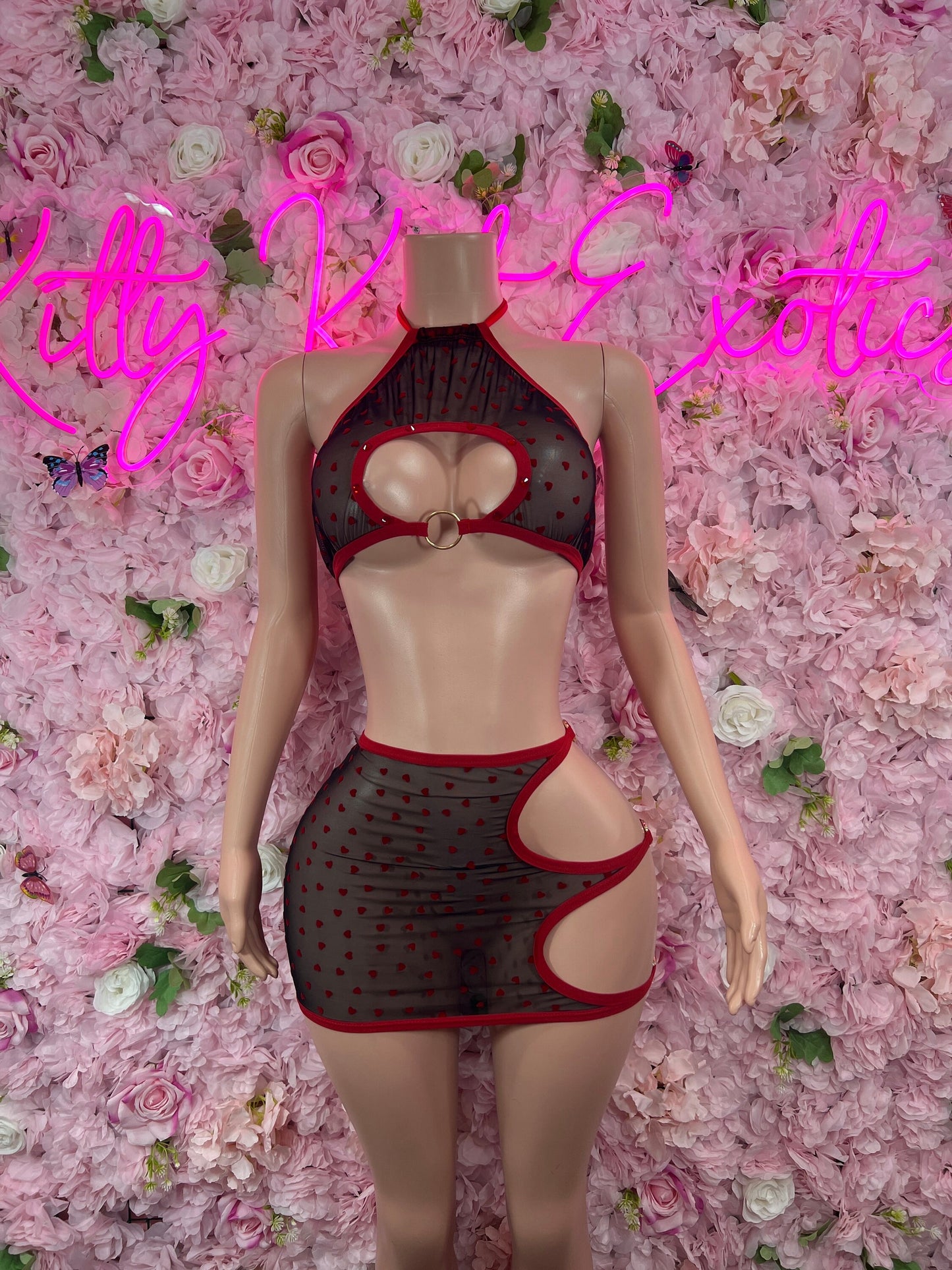 Two Piece Skirt Set Mesh Hearts