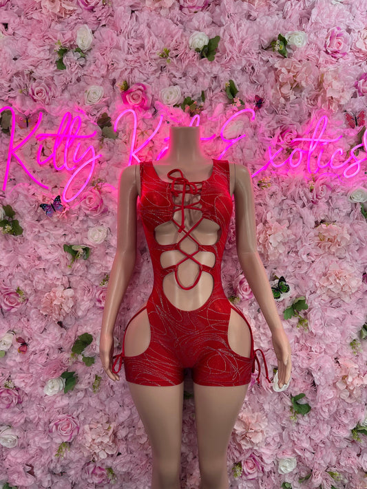 Bottlegirl One Piece Red Metallic Bartender Festival wear BodysuitStartender One Piece Red Metallic