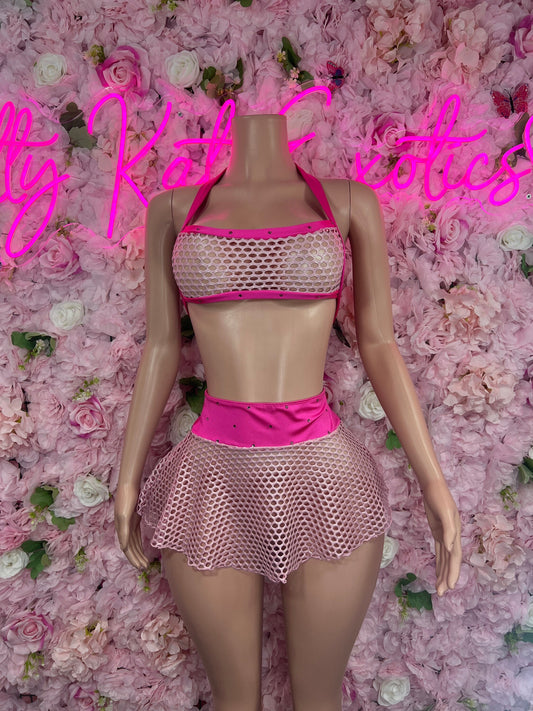 Two Piece Skirt Set Fishnet Pink
