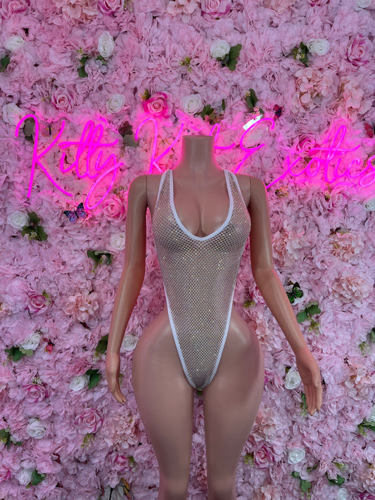 One-Piece Gold Rhinestone Bodysuit  Stunning Metallic Outfit for Parties, Night Out, or Special Occasions | Sexy and Eye-Catching Fashion