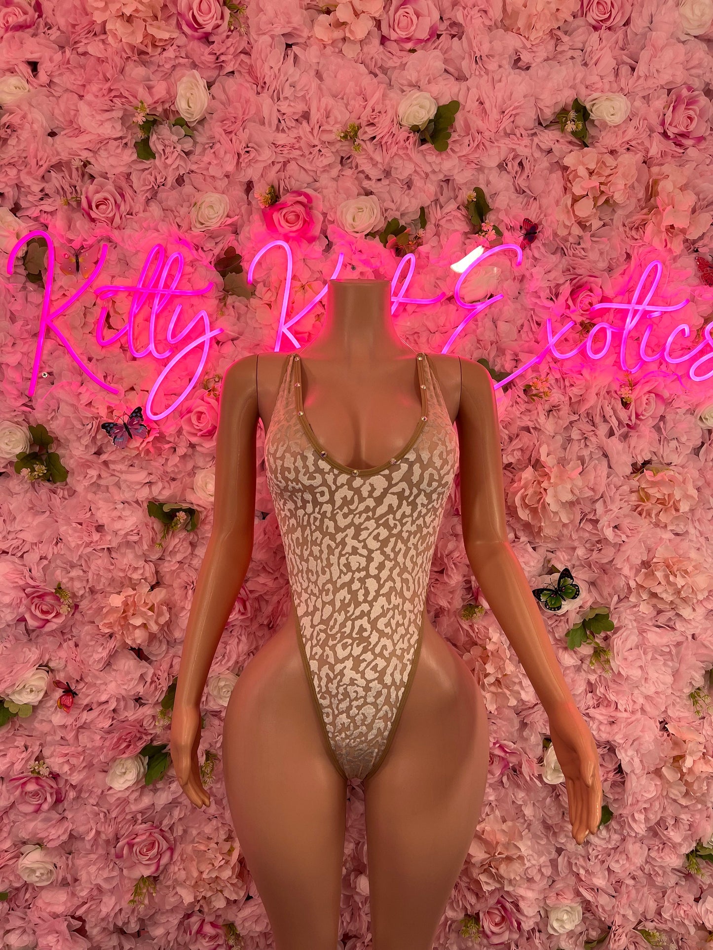 Exotic DancewearOne Piece Velvet Mesh Tan