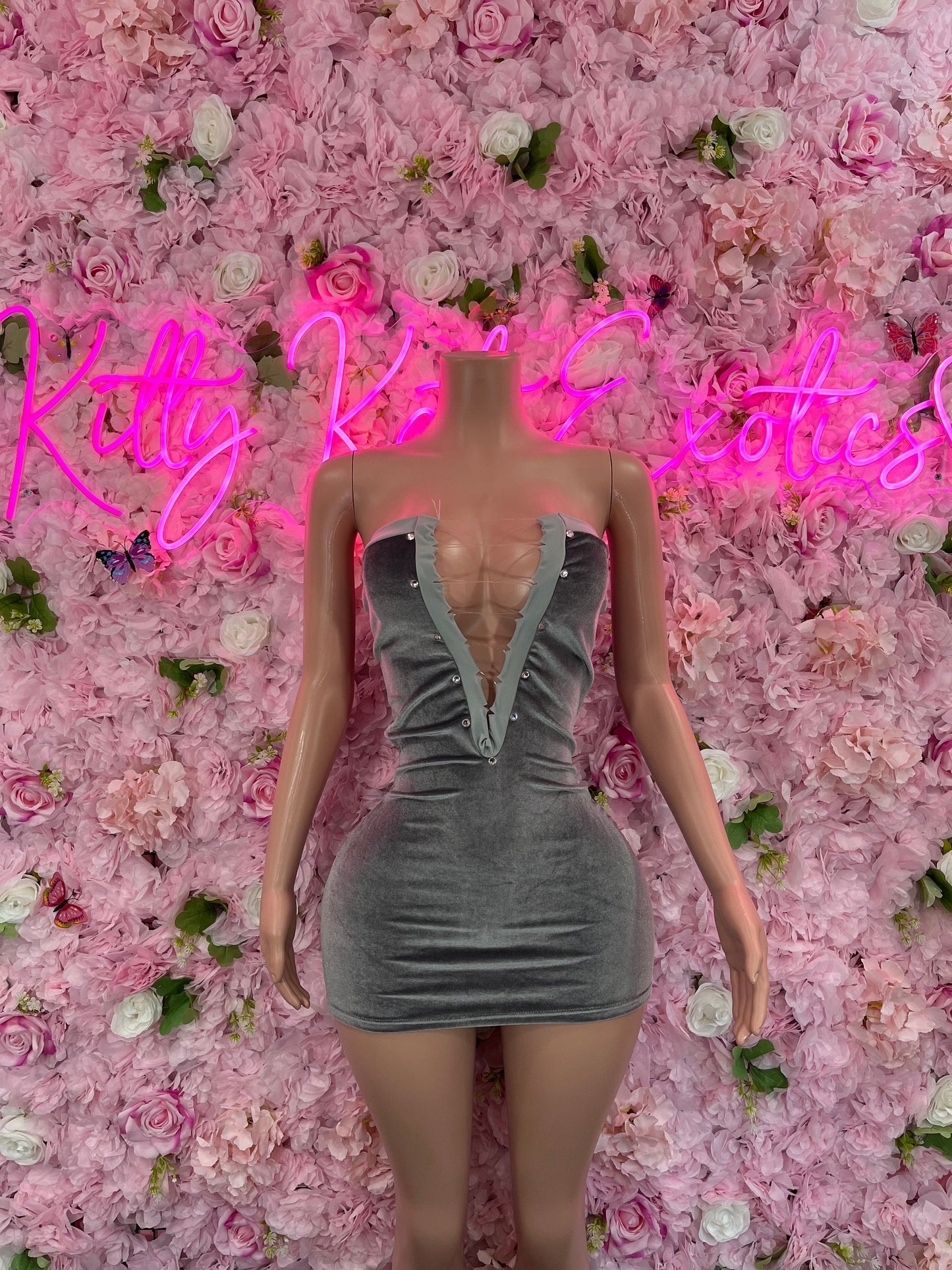 Silver velvet mini dress with deep V neckline and fitted bodycon silhouette