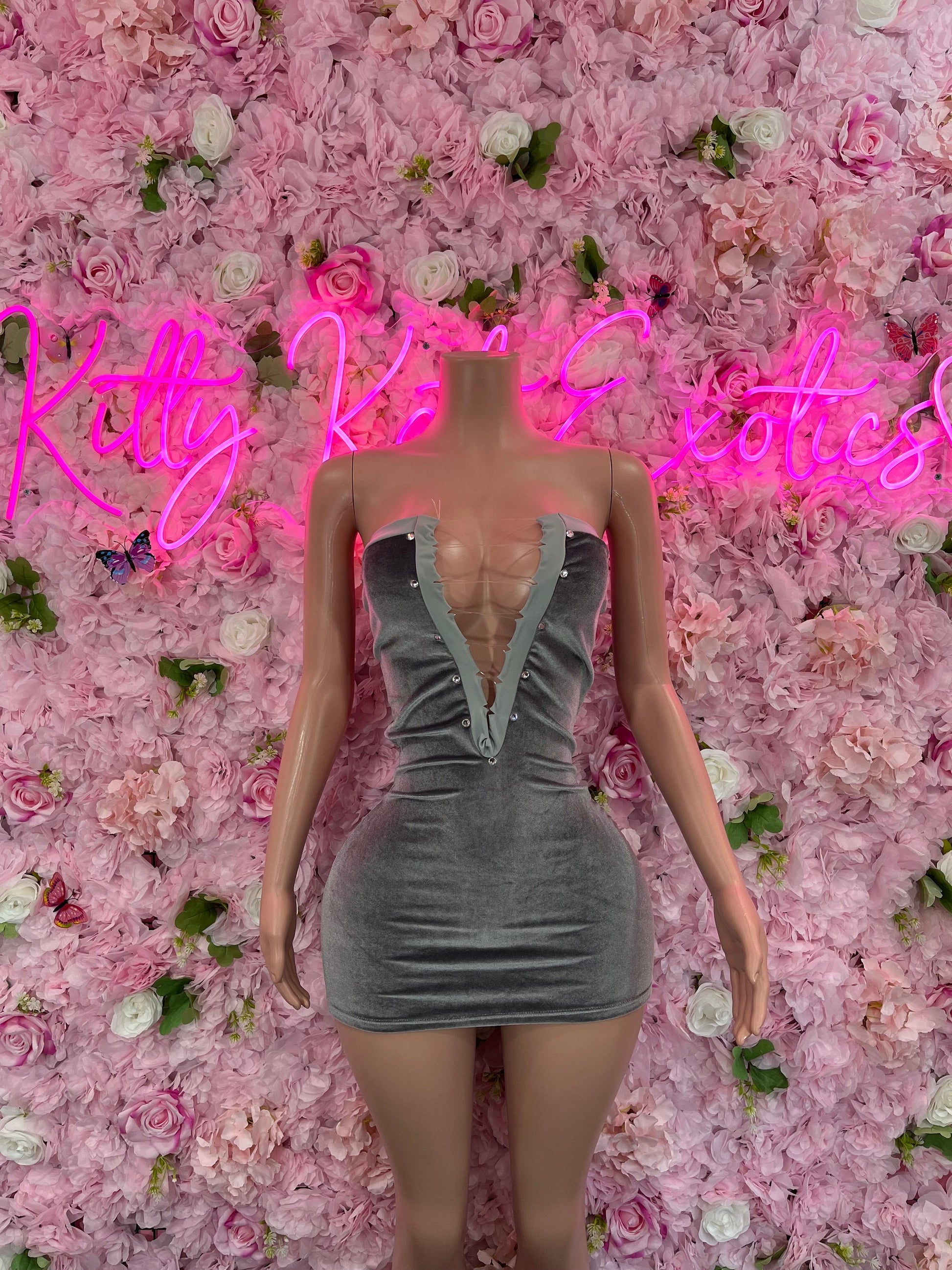 Silver velvet mini dress with deep V neckline and fitted bodycon silhouette