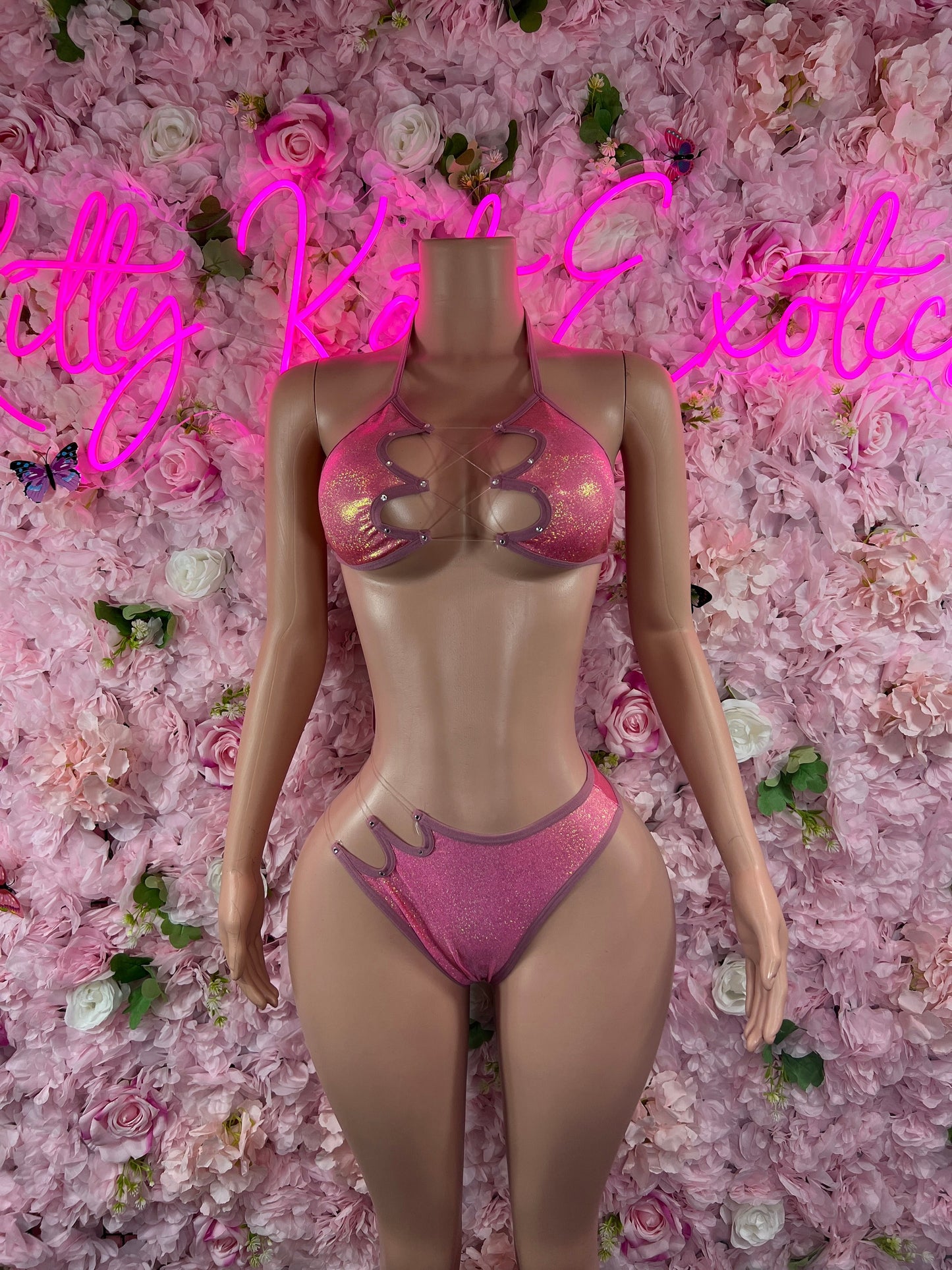 Two-Piece Pink Cut Off Bikini  Cute Swimsuit Set for Beach, Pool, or Vacation | Stylish and Flattering Swimwear