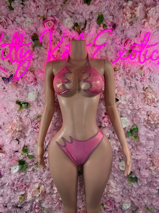 Two-Piece Pink Cut Off Bikini  Cute Swimsuit Set for Beach, Pool, or Vacation | Stylish and Flattering Swimwear