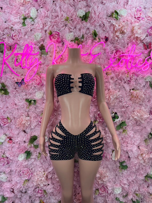 Two Piece Rhinestone Cut Off Black