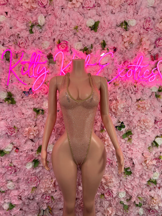 Exotic DancewearOne Piece Rhinestone Tan