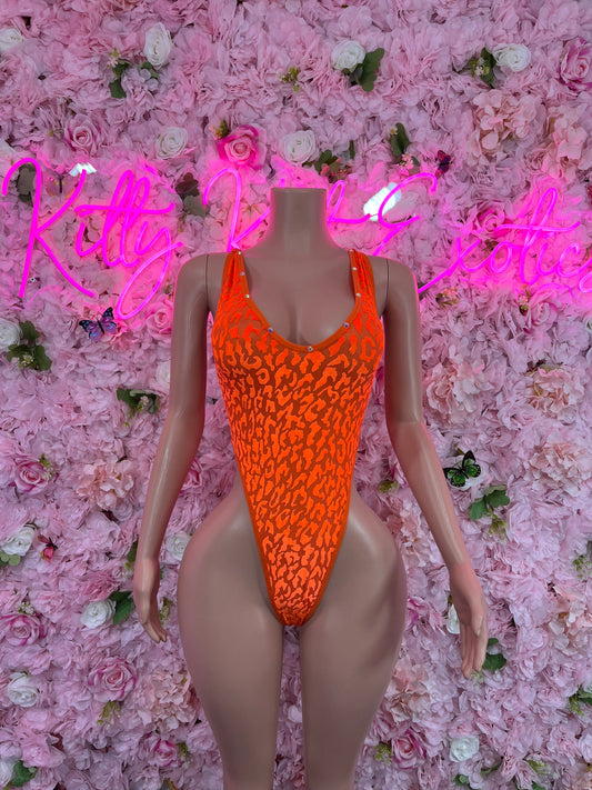 Exotic DancewearOne Piece Velvet Mesh Orange