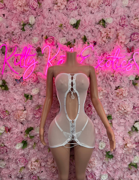 White Mesh Dress with G-String  Sexy Lingerie, Clubwear, or Beach Cover-Up | Bold and Sultry Outfit Womens Clothing