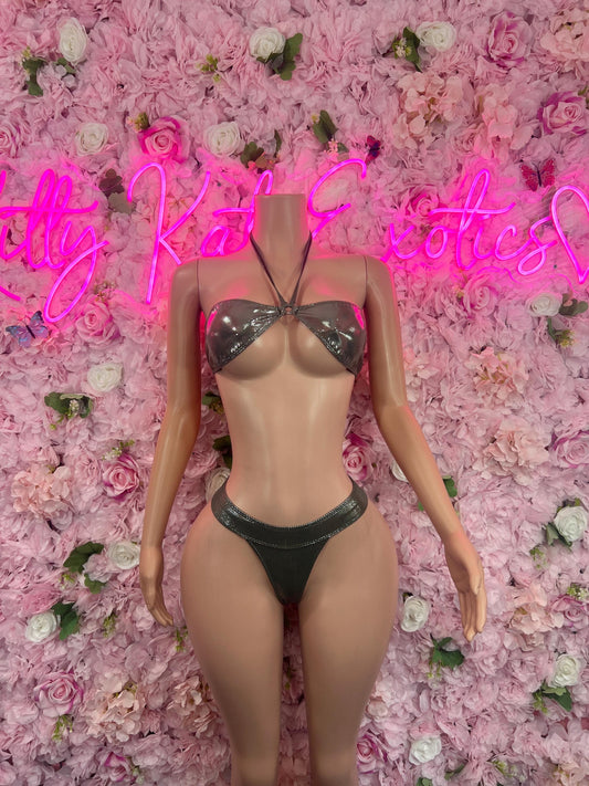 Two-Piece Green Metallic Bikini  Glamorous Swimsuit for Beach, Pool Parties, or festival wear Ravewear Costumes