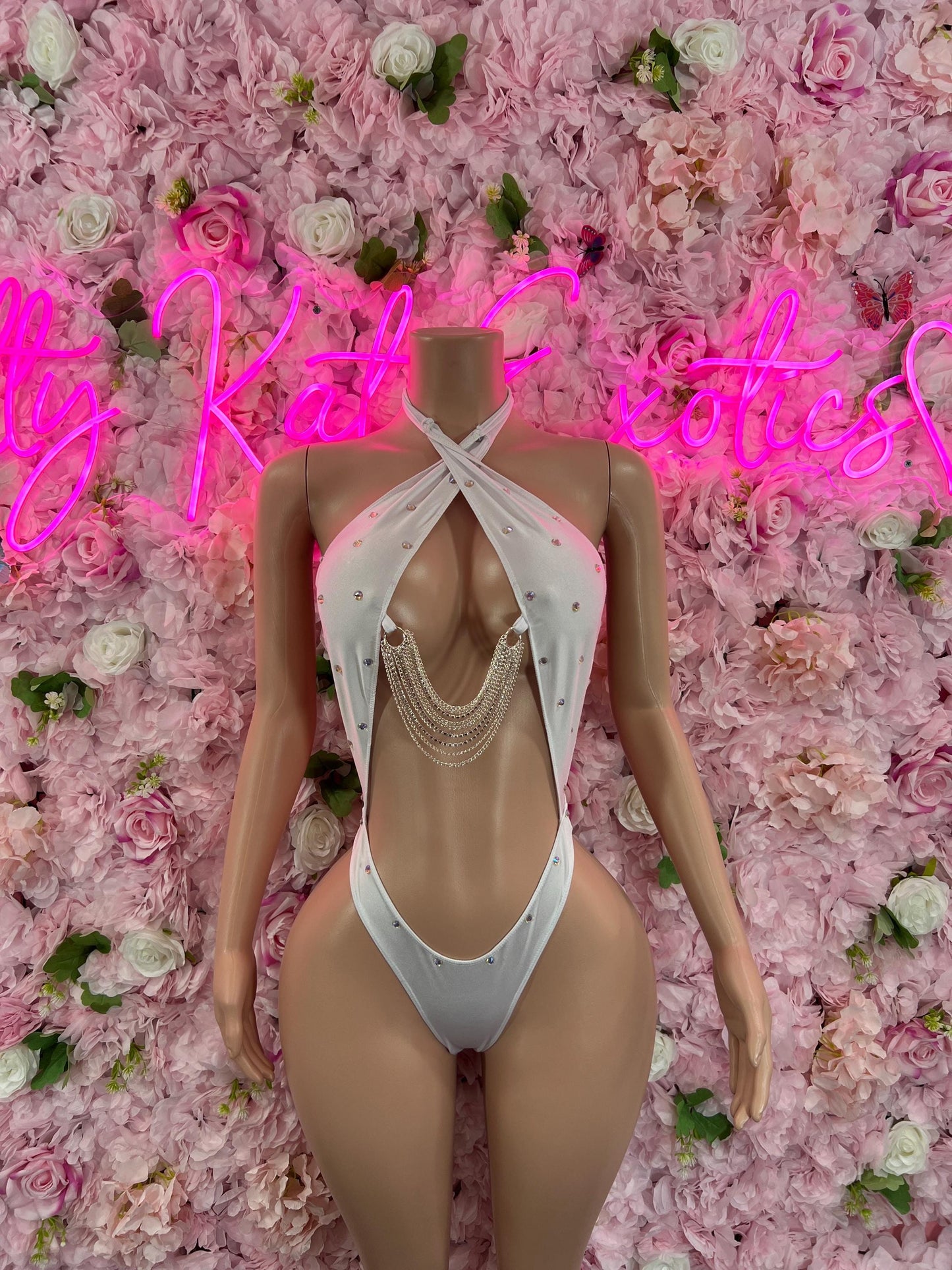 Exotic DancewearOne Piece White Chainlink Chrome