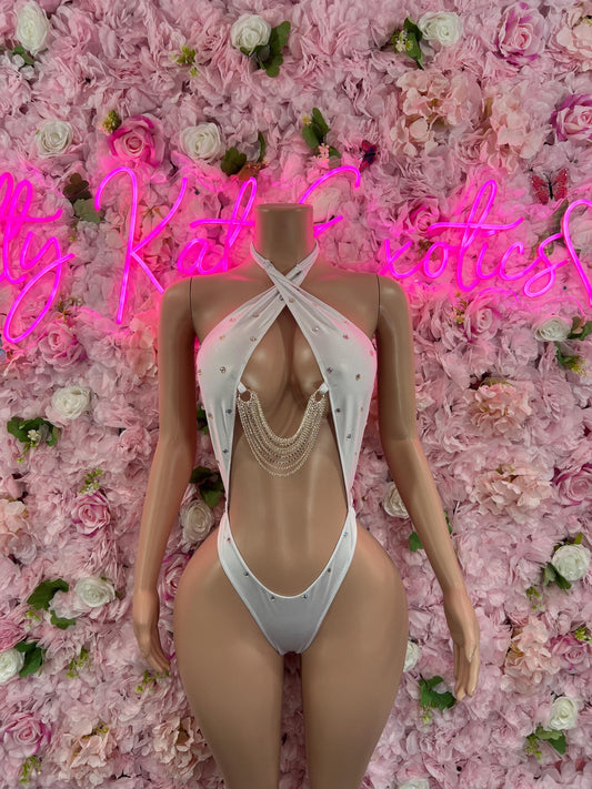 Exotic DancewearOne Piece White Chainlink Chrome