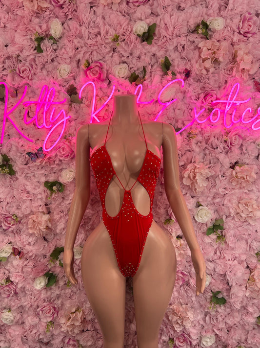Exotic DancewearExotic DancewearOne Piece Red Rhinestone