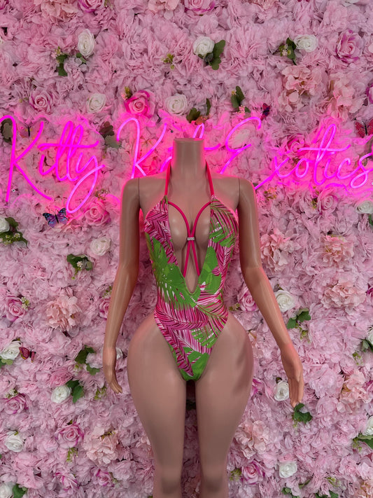 Exotic DancewearOne Piece Pink & Green Floral