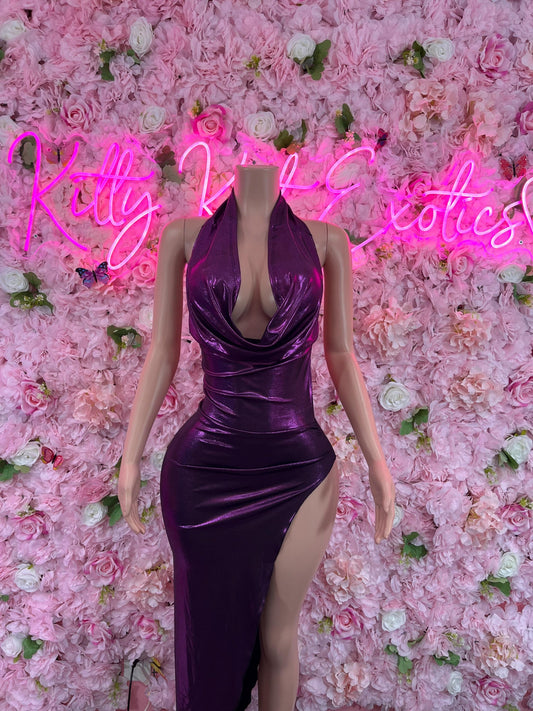 Bridal Purple Metallic Gown Exotic Dancewear   Elegant and Sexy Evening Dress for Performers, Events, or Special Occasions