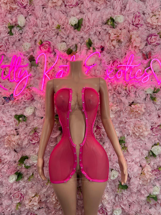 Pink Mesh Dress with G-String  Sexy Lingerie, Clubwear, or Beach Cover-Up | Bold and Sultry Outfit Womens Clothing