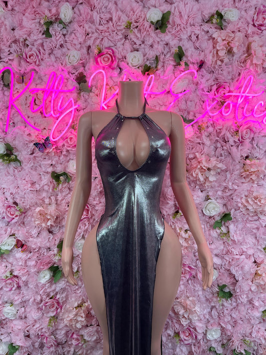 Exotic Dancewear Black Metallic Gown  Glamorous Evening Dress for Parties, Formal Events, or Special Occasions | Sexy and Elegant Fashion