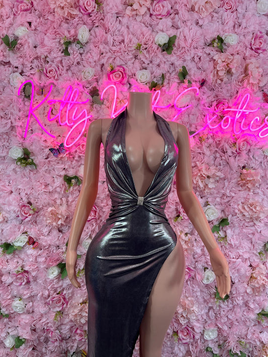 Exotic Dancewear Black Metallic Gown  Glamorous Evening Dress for Parties, Formal Events, or Special Occasions | Sexy and Elegant Fashion
