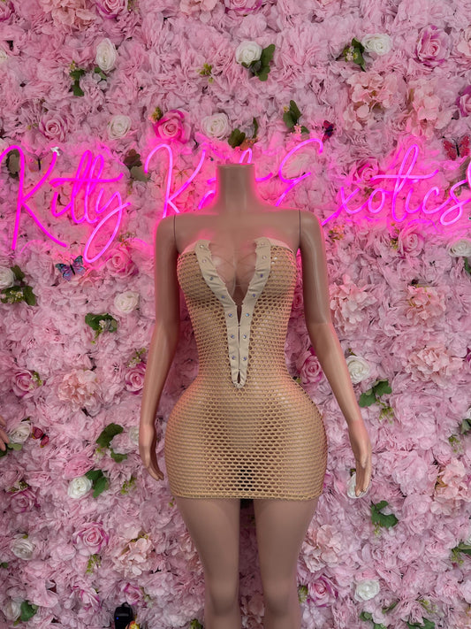 Gold Fishnet Dress  Sexy Clubwear & Dancewear for Raves, Parties, or Festivals | Bold and Eye-Catching Outfit