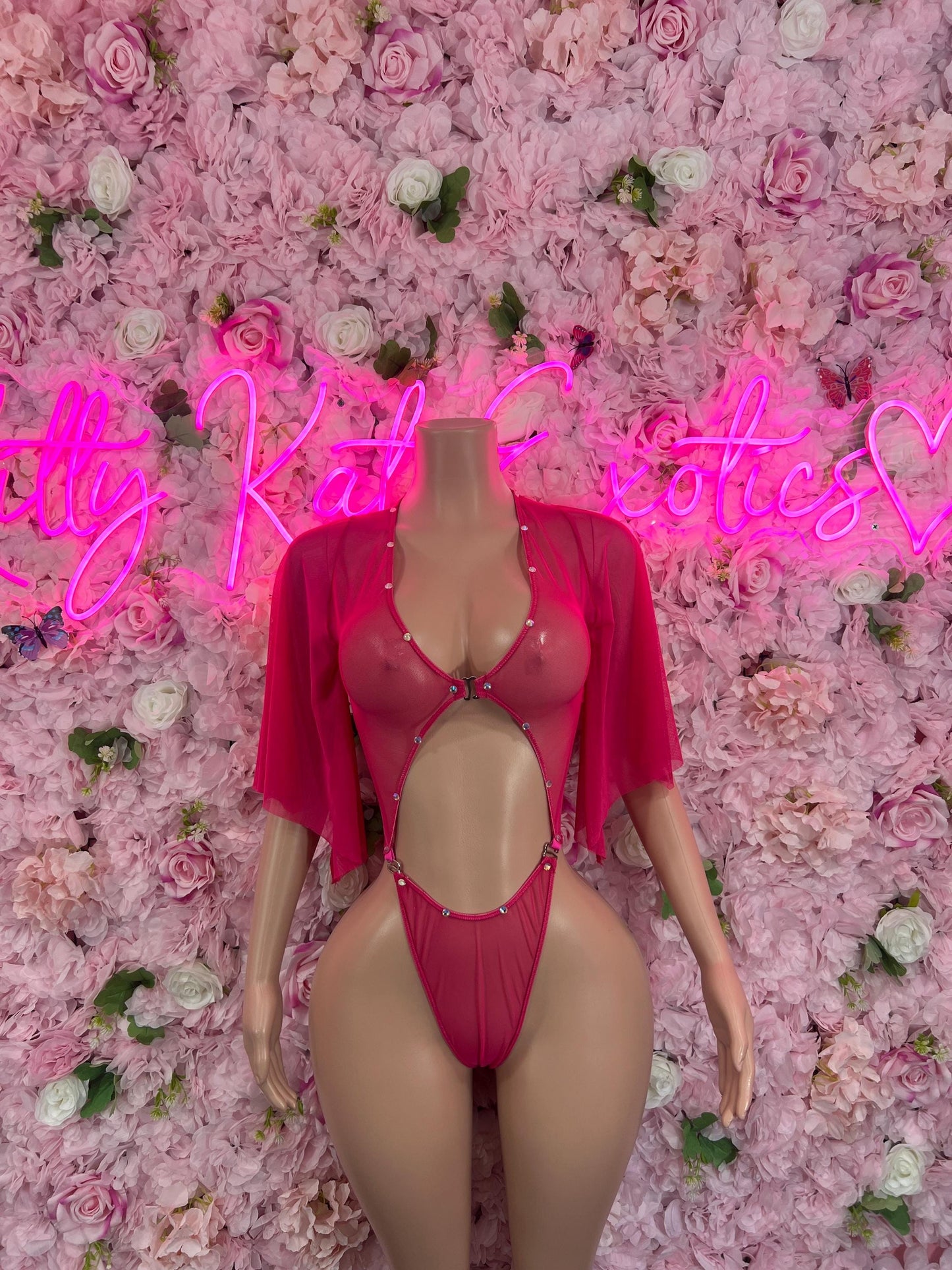 Festival Exotic Dancewear One Piece Pink Flare Mesh Rave wear