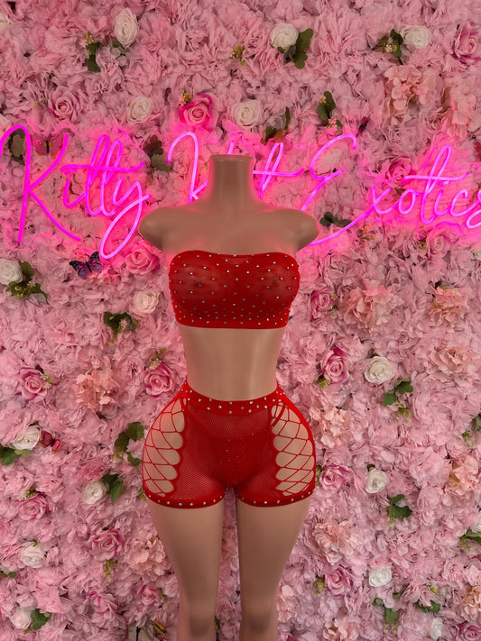 Two Piece Fishnet Red Dancewear