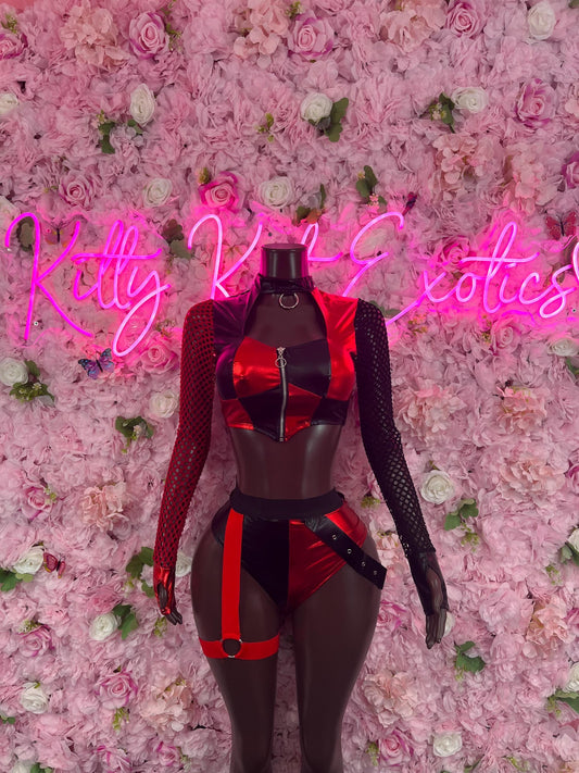 Harley Quinn festival costume, red and black long-sleeve bodysuit with harness straps