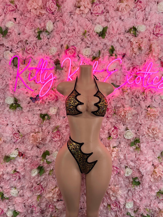 Two Piece Gold/Black Bikini Bottlegirl Set Dancewear
