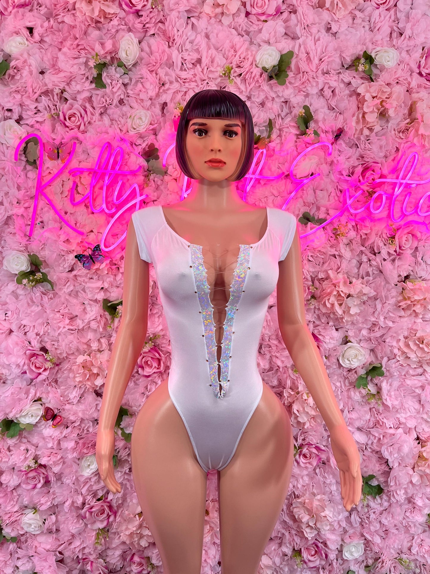 Exotic DancewearOne Piece White Bodysuit Bottlegirl