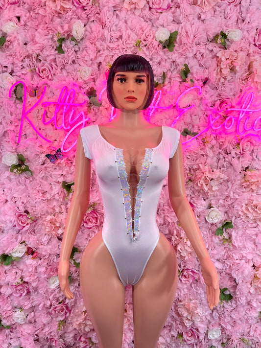 Exotic DancewearOne Piece White Bodysuit Bottlegirl