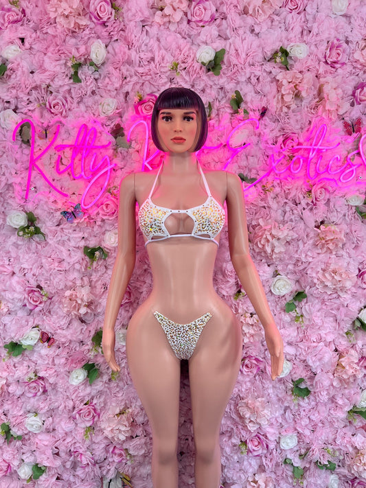 Bottle Girl Two-Piece Bodysuit -  White gold Cheetah  Design | Exotic Dancewear for Performers, Raves, & Nights Out