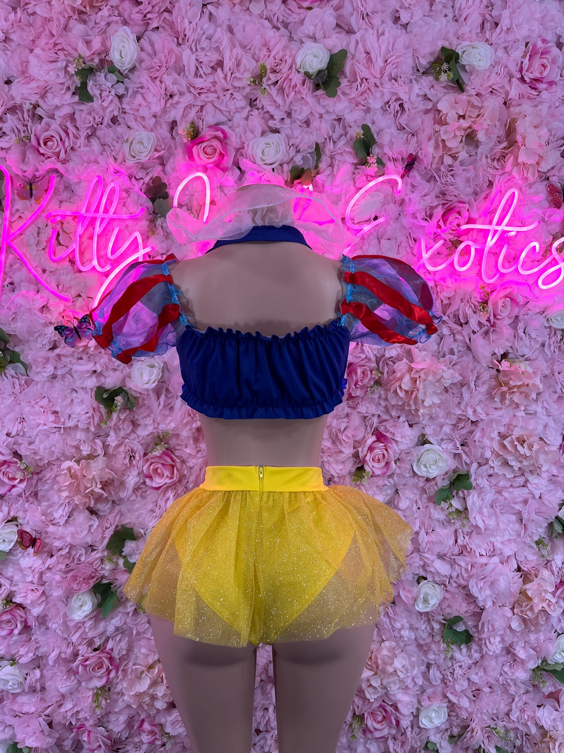 Snow White costume back with blue corset-style top and yellow layered tutu skirt