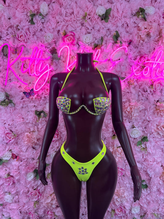 Two Piece Green Rhinestone Bikini  Sexy Outfit for Parties, Clubwear, or Festivals | Trendy and Eye-Catching Fashion Exotic Dancewear
