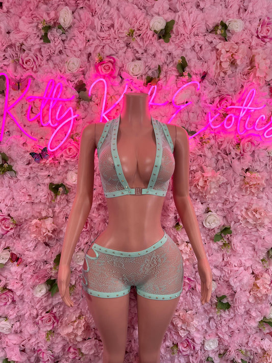 Exotic Dancewear Two Piece Fishnet Teal Dancewear