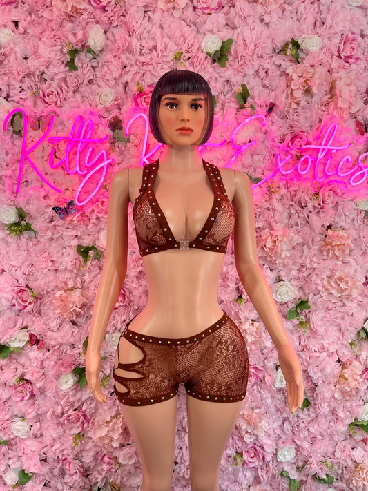 Two Piece Fishnet Brown  Dancewear