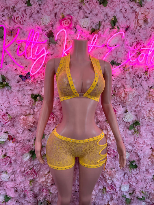 Two Piece Fishnet Yellow Dancewear