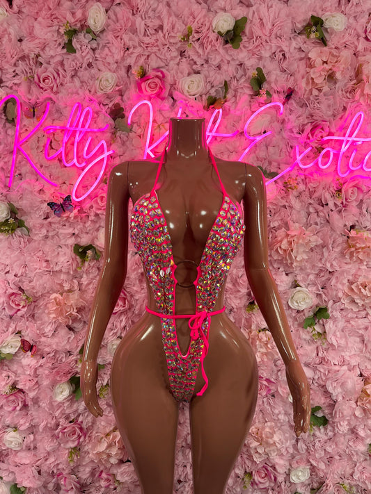 One Piece Bikini Rhinestone Neon Pink