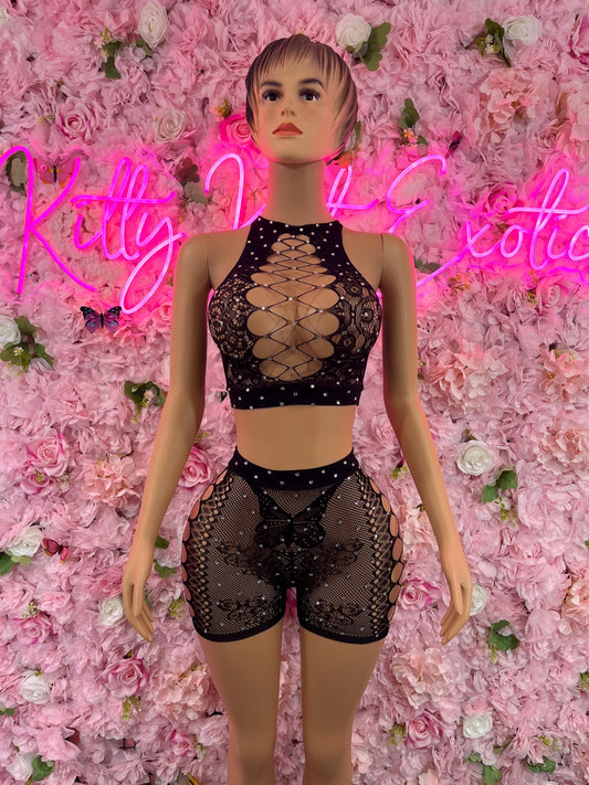 Two Piece Fishnet Black Dancewear Exotic Wear